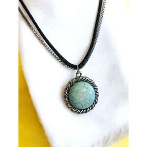 Round Turquoise Pendant Silver Alloy Double Strand Fashion Necklace 18"
